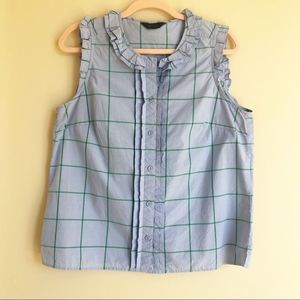 J Crew Blue Green Sleeveless Button Down Ruffle Top
